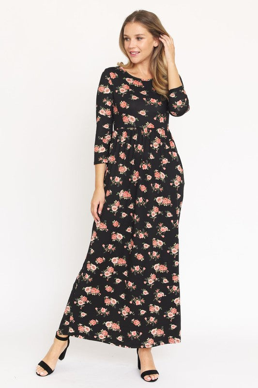 Bouquet Floral Quarter Sleeve Maxi Dress black coral S by EG fashion | Fleurcouture