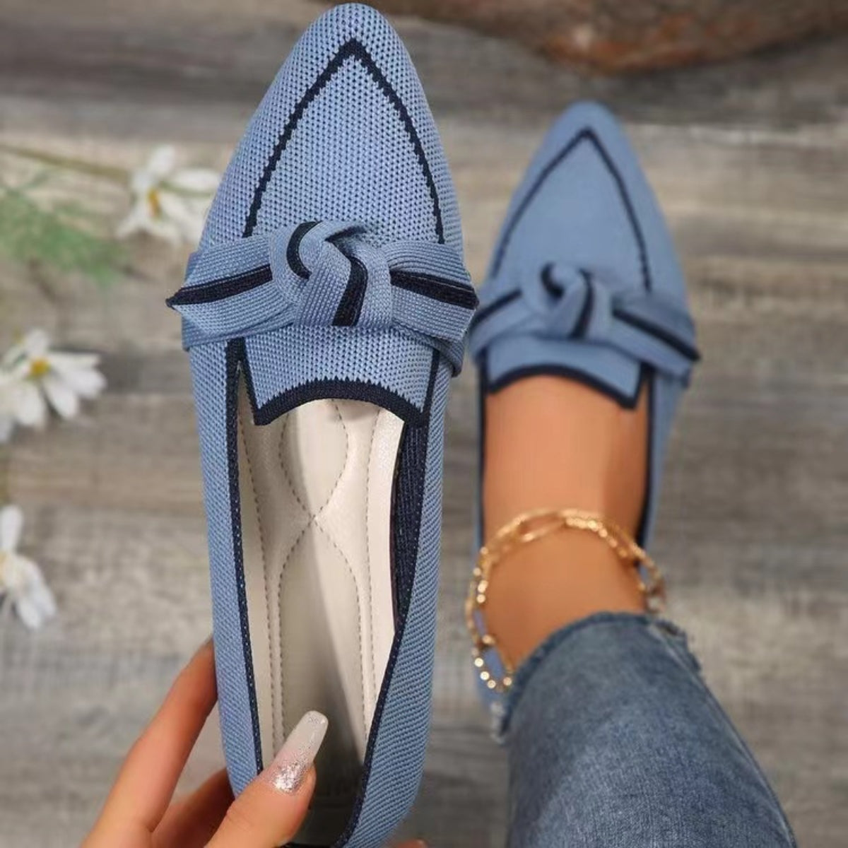 Bow Contrast Trim Point Toe Loafers Dusty Blue 36(US5) Shoes &amp; Bags by Trendsi | Fleurcouture