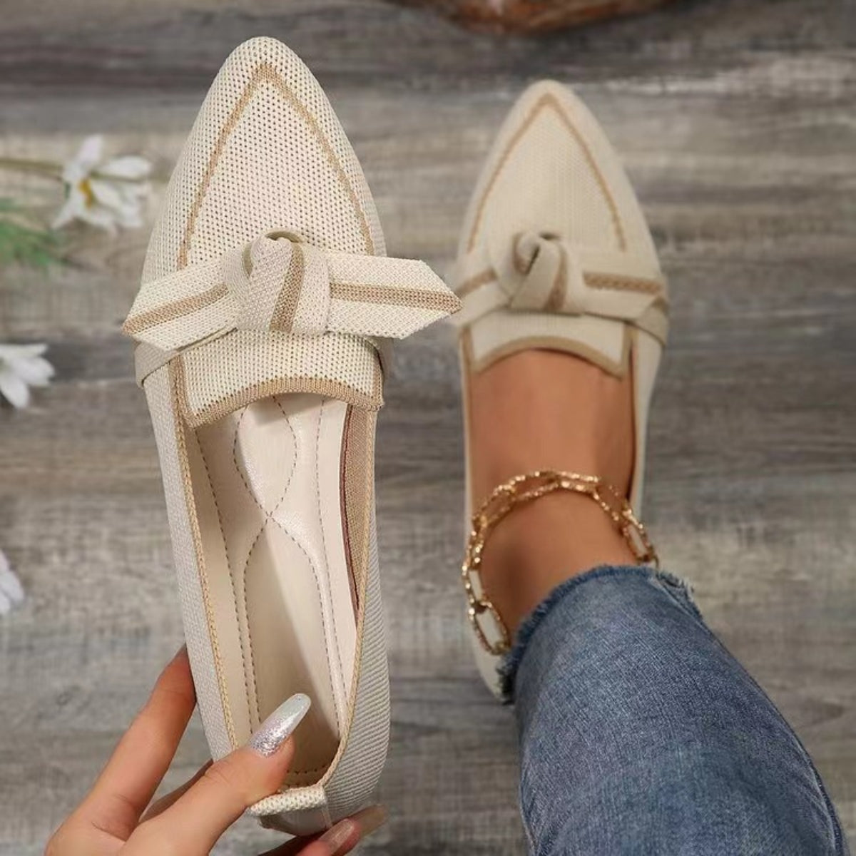 Bow Contrast Trim Point Toe Loafers Ivory 36(US5) Shoes &amp; Bags by Trendsi | Fleurcouture