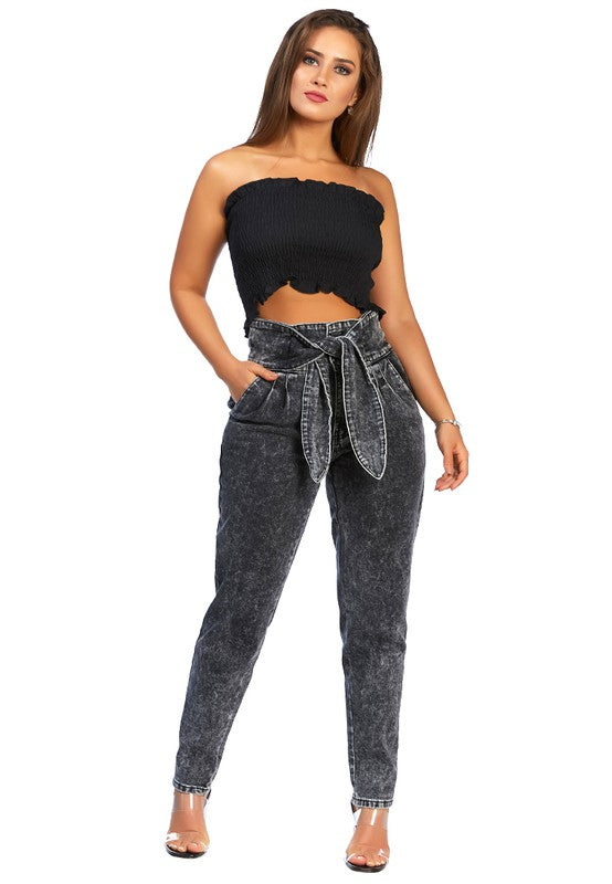 Bow Together Washed Denim Pants Grey L by Rag Company | Fleurcouture