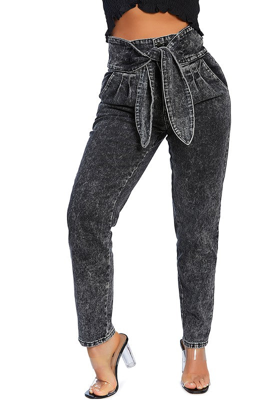 Bow Together Washed Denim Pants Grey by Rag Company | Fleurcouture