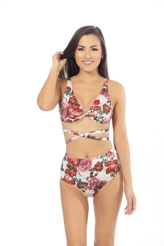 BRALETTE BIKINI SET, FLORAL PRINT,WRAP AROUND Red Floral Print by Beach Joy Bikini | Fleurcouture