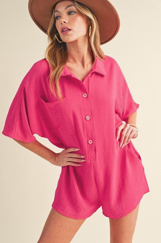 Bright Pink Half Button Collared Loose Romper pink SW6413069-P106 by SHEWIN INC. | Fleurcouture