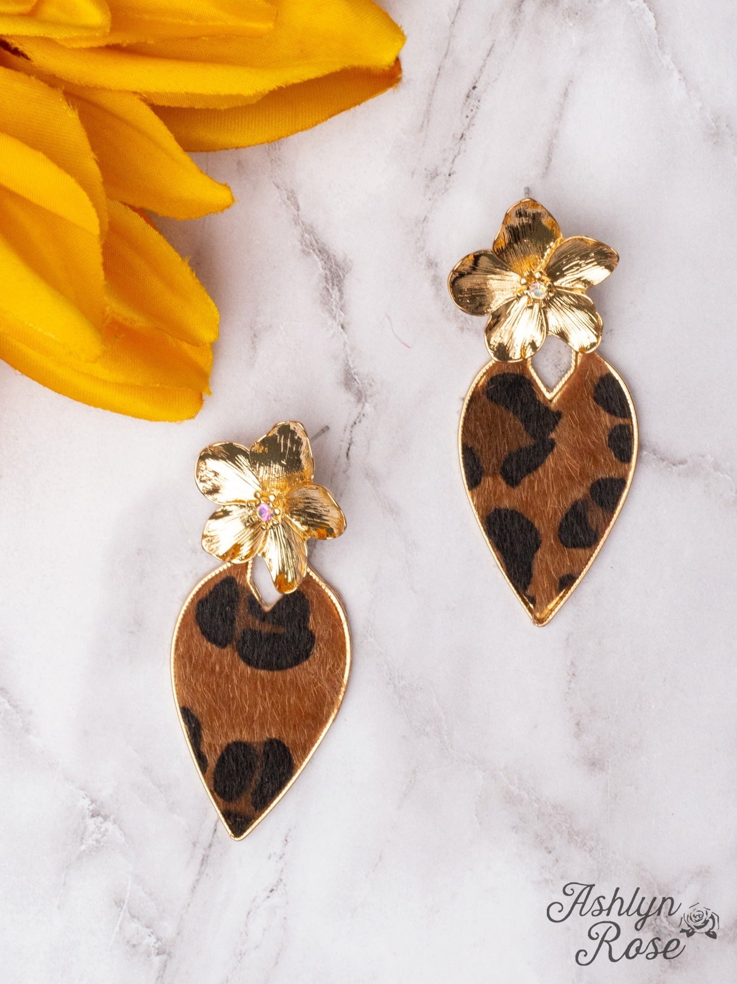 BRIGHTER DAYS GOLD FLOWER BROWN LEOPARD TEARDROP EARRINGS Brown One Size Earrings by Southern Grace | Fleurcouture