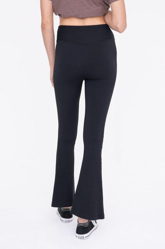 BRONZE - Ribbed Flare High-Waist Leggings Black by Mono B | Fleurcouture