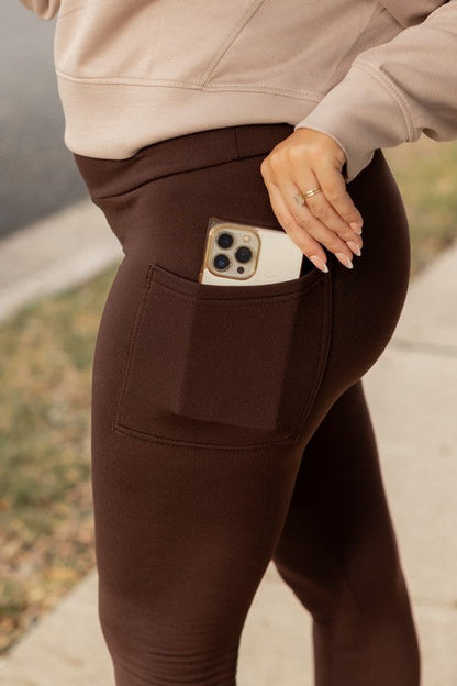 Brown FLEECE Full Length Leggings with Pockets Brown by Julia Rose | Fleurcouture