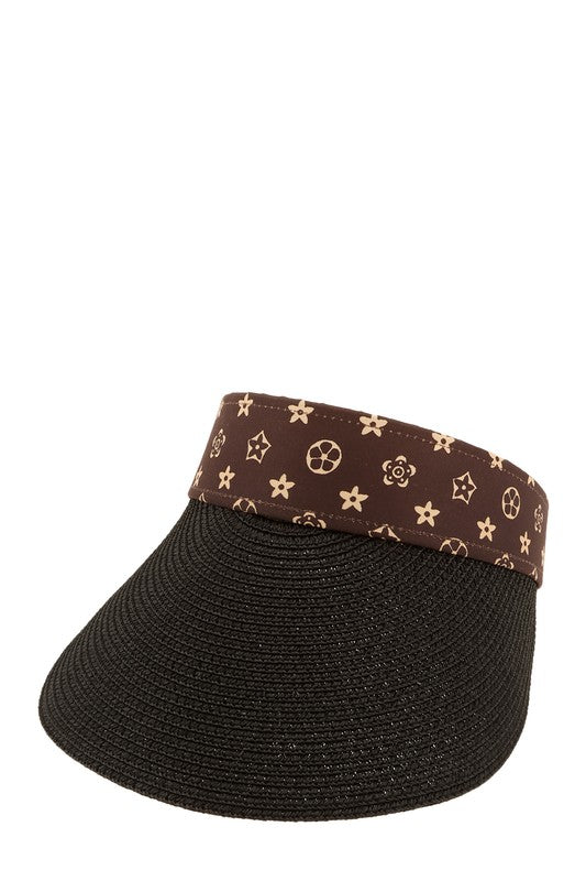 Brown Geometric Pattern Decorated Straw Visor BLACK OS by ICCO ACCESSORIES | Fleurcouture