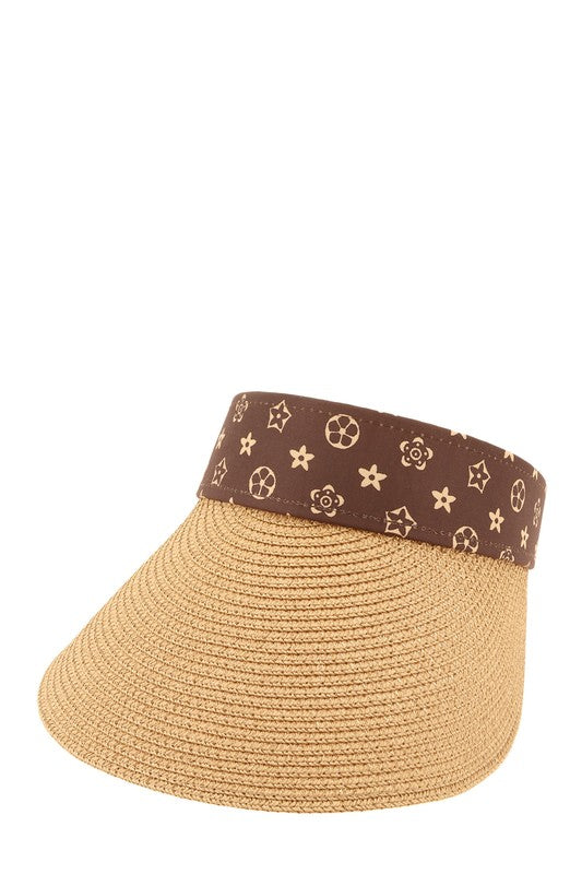Brown Geometric Pattern Decorated Straw Visor KHAKI OS by ICCO ACCESSORIES | Fleurcouture
