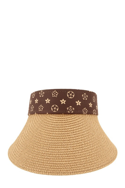 Brown Geometric Pattern Decorated Straw Visor OS by ICCO ACCESSORIES | Fleurcouture