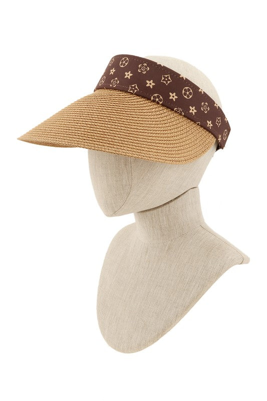 Brown Geometric Pattern Decorated Straw Visor OS by ICCO ACCESSORIES | Fleurcouture