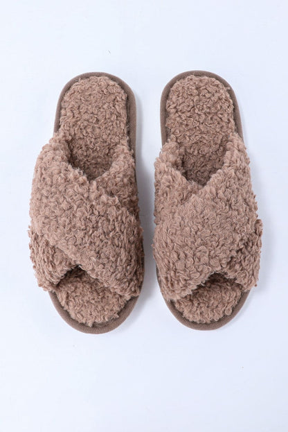 Brown Teddy Fur Cross Straps Home Slippers Brown 68.2%Cotton+27.8%Polyester+4%Spandex Shoes &amp; Bags by Fleurcouture | Fleurcouture