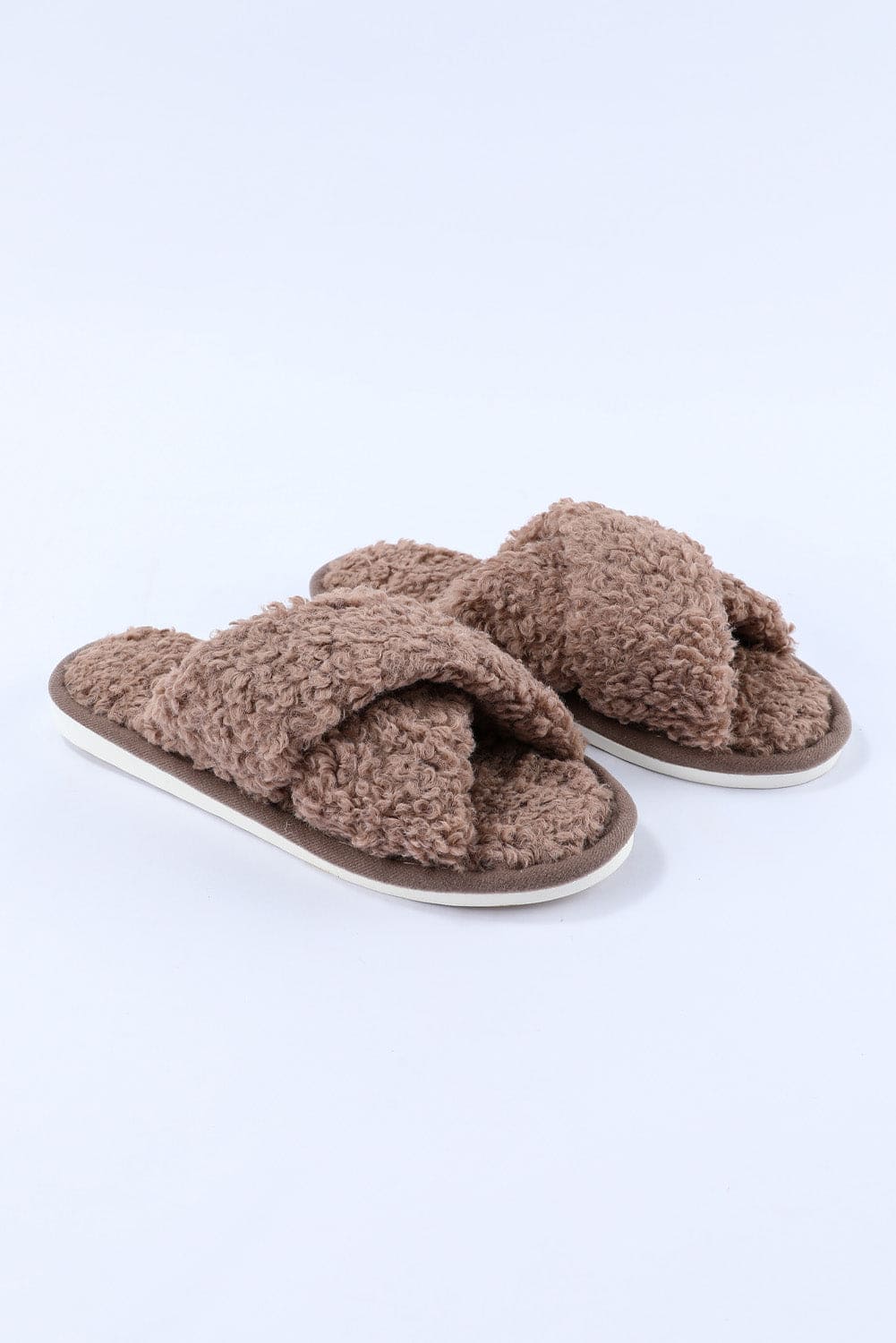 Brown Teddy Fur Cross Straps Home Slippers Brown 68.2%Cotton+27.8%Polyester+4%Spandex Shoes &amp; Bags by Fleurcouture | Fleurcouture