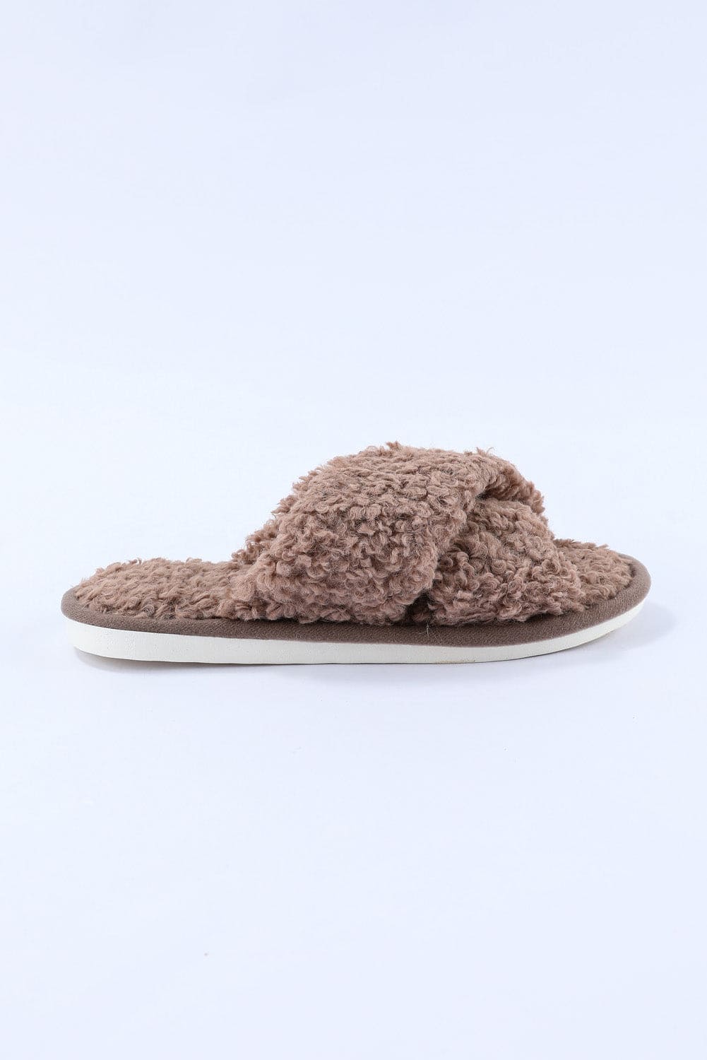 Brown Teddy Fur Cross Straps Home Slippers Brown 68.2%Cotton+27.8%Polyester+4%Spandex Shoes &amp; Bags by Fleurcouture | Fleurcouture
