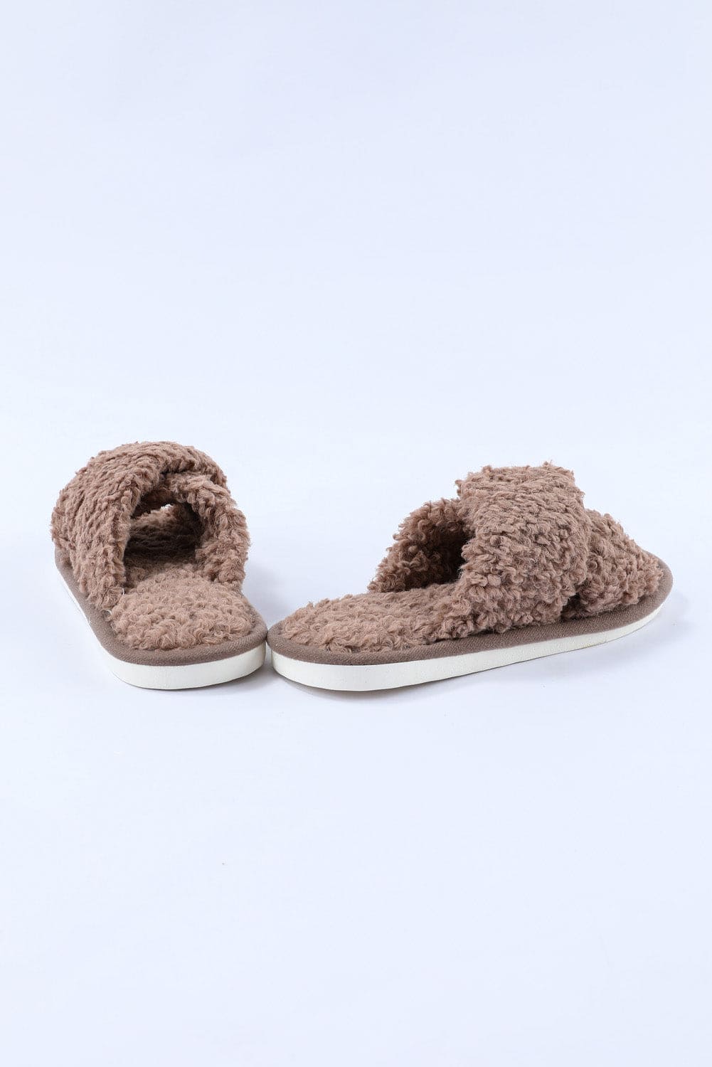 Brown Teddy Fur Cross Straps Home Slippers Brown 68.2%Cotton+27.8%Polyester+4%Spandex Shoes &amp; Bags by Fleurcouture | Fleurcouture