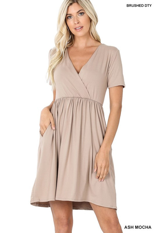 Brushed DTY Buttery Soft Fabric Surplice Dress ASH MOCHA S by ZENANA | Fleurcouture