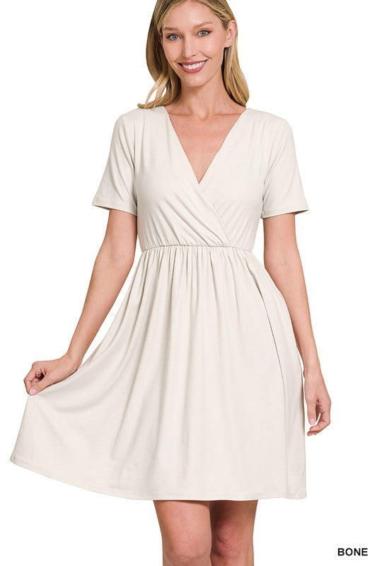 Brushed DTY Buttery Soft Fabric Surplice Dress BONE M by ZENANA | Fleurcouture