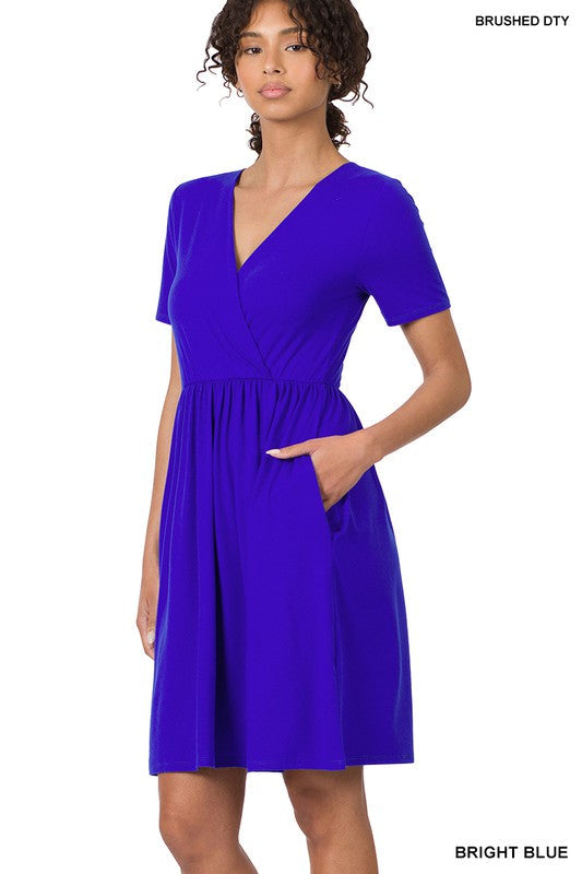 Brushed DTY Buttery Soft Fabric Surplice Dress BRIGHT BLUE S by ZENANA | Fleurcouture