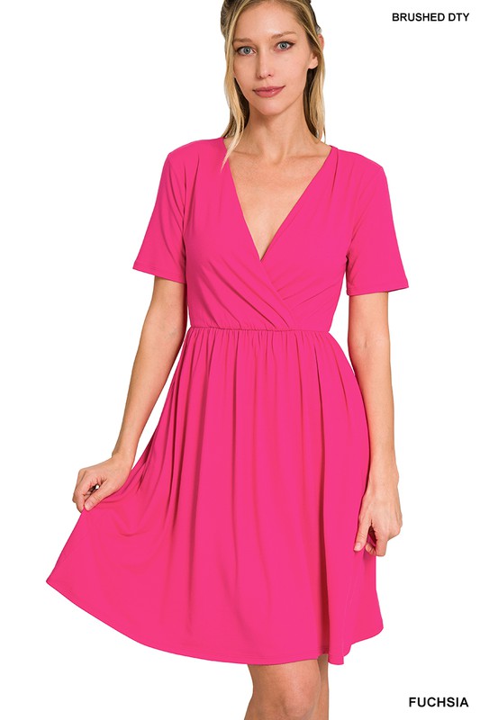 Brushed DTY Buttery Soft Fabric Surplice Dress FUCHSIA S by ZENANA | Fleurcouture