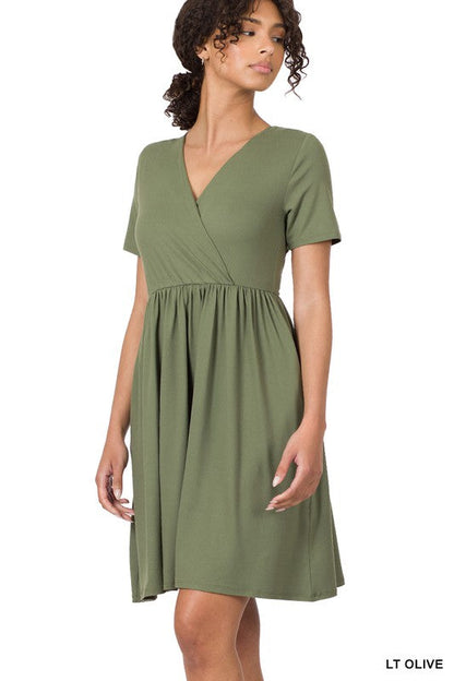 Brushed DTY Buttery Soft Fabric Surplice Dress LT OLIVE L by ZENANA | Fleurcouture