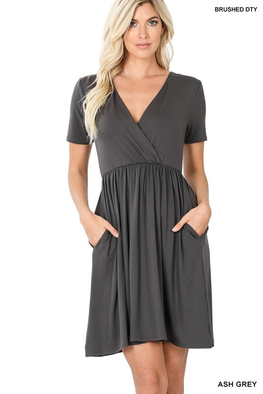 Brushed DTY Buttery Soft Fabric Surplice Dress by ZENANA | Fleurcouture