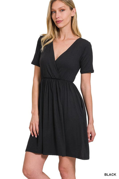 Brushed DTY Buttery Soft Fabric Surplice Dress by ZENANA | Fleurcouture