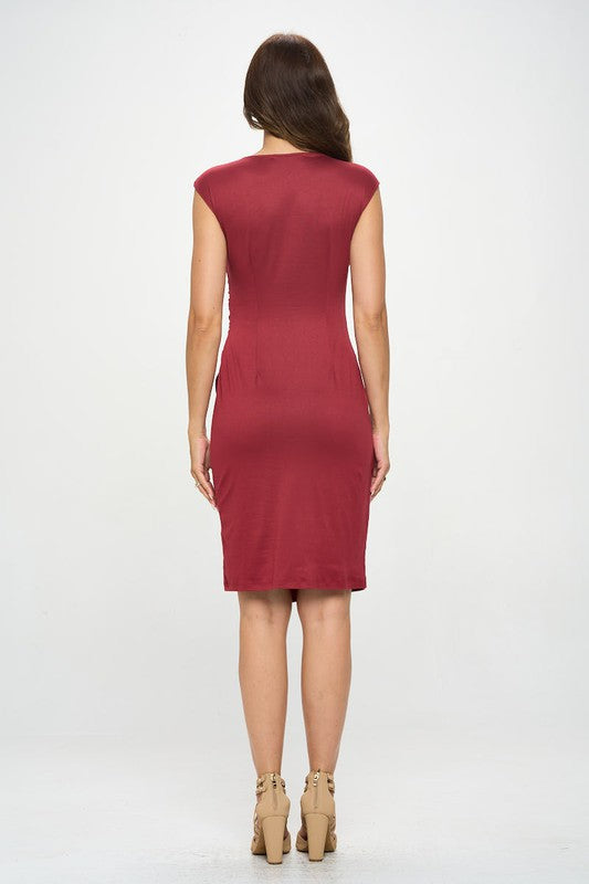 Brushed Knit Short Sleeve Bodycon Dress with Slit Burgundy by Renee C. | Fleurcouture