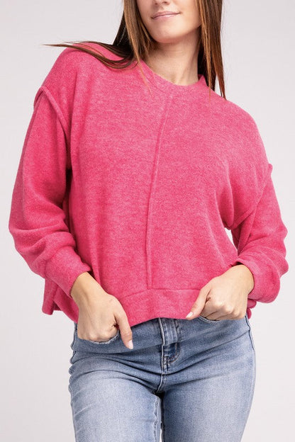 Brushed Melange Hacci Hi-Low Hem Sweater FUCHSIA L/XL by ZENANA | Fleurcouture