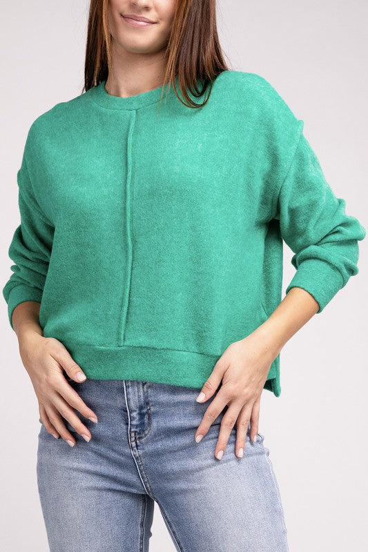 Brushed Melange Hacci Hi-Low Hem Sweater K GREEN S/M by ZENANA | Fleurcouture