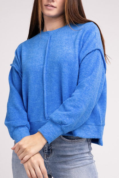 Brushed Melange Hacci Hi-Low Hem Sweater OCEAN BLUE L/XL by ZENANA | Fleurcouture