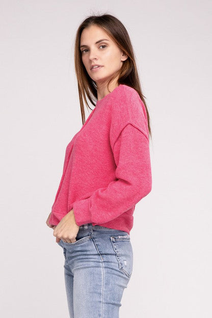 Brushed Melange Hacci Hi-Low Hem Sweater by ZENANA | Fleurcouture