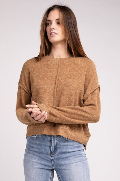 Brushed Melange Hacci Hi-Low Hem Sweater by ZENANA | Fleurcouture