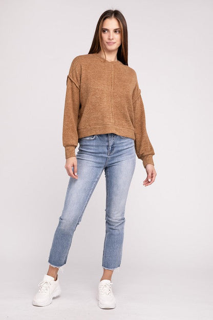 Brushed Melange Hacci Hi-Low Hem Sweater by ZENANA | Fleurcouture