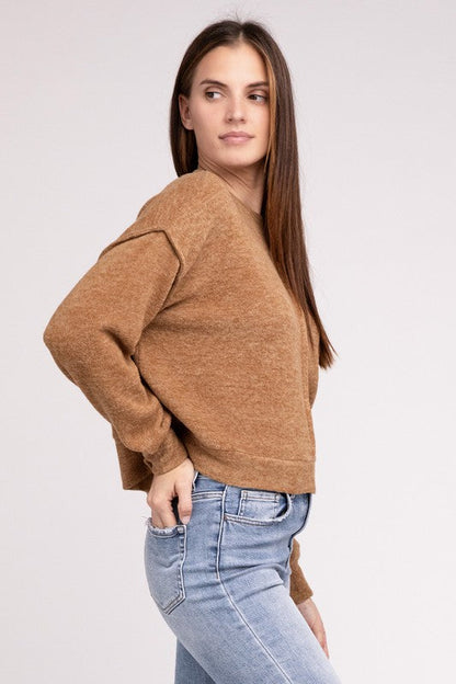 Brushed Melange Hacci Hi-Low Hem Sweater by ZENANA | Fleurcouture