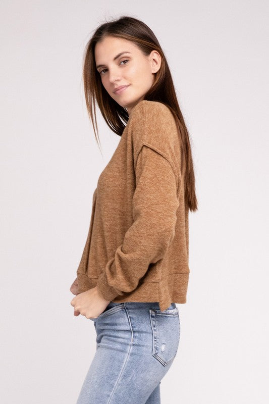 Brushed Melange Hacci Hi-Low Hem Sweater by ZENANA | Fleurcouture