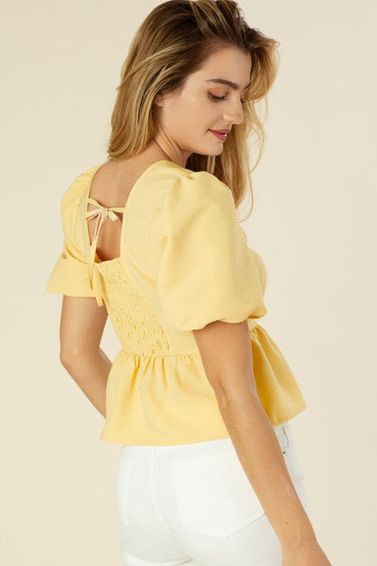 Bubbles sleeved blouse with peplum Light yellow by Lilou | Fleurcouture