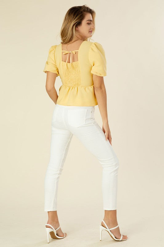 Bubbles sleeved blouse with peplum Light yellow by Lilou | Fleurcouture