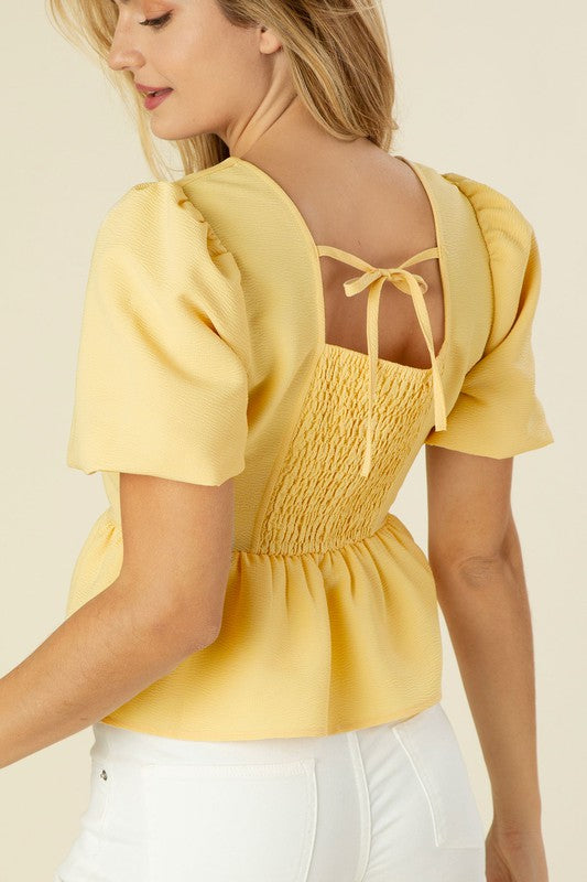 Bubbles sleeved blouse with peplum Light yellow S by Lilou | Fleurcouture