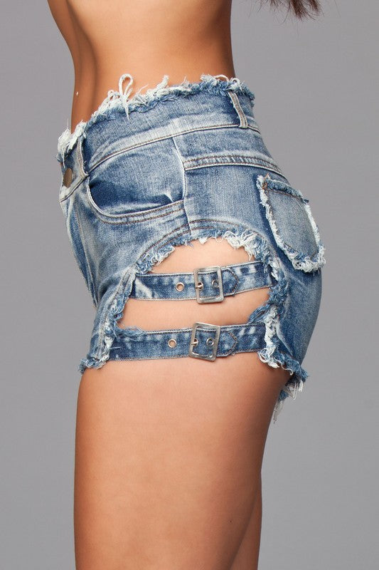 Buckled Down Denim Shorts by BE WICKED | Fleurcouture