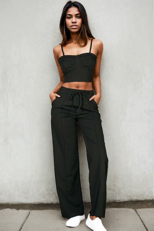 Bustier Cami Top &amp; Slant Straight Pants Black S by Capella | Fleurcouture