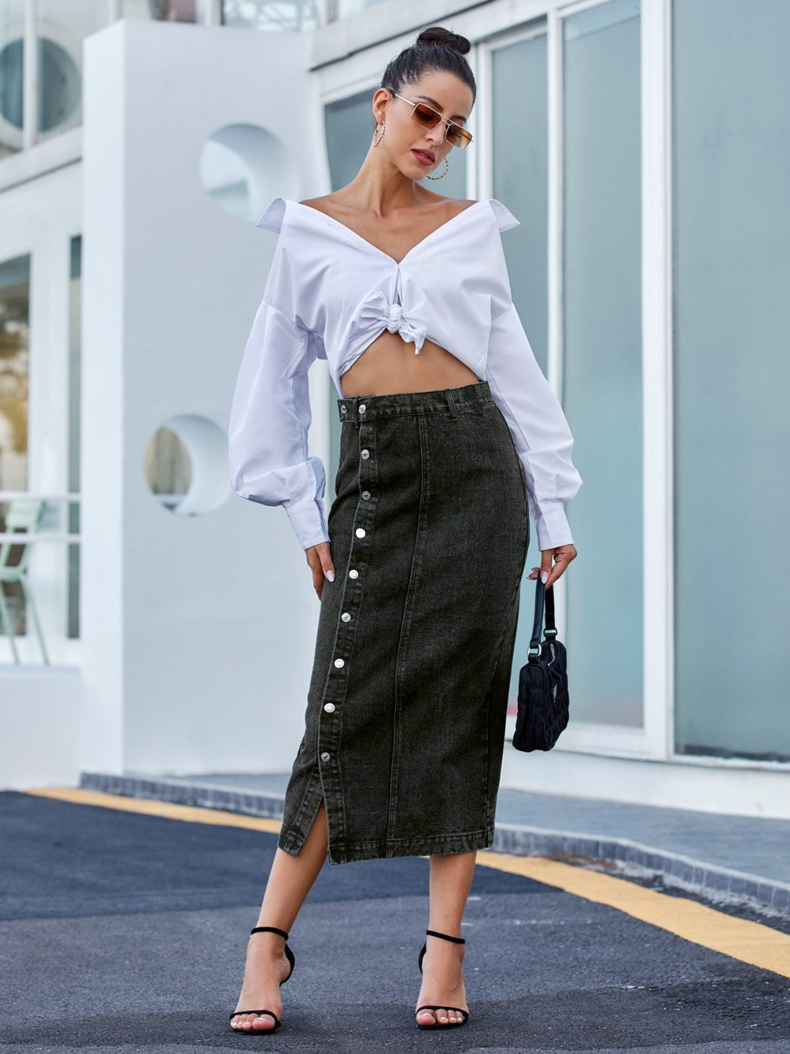 Button Down Denim Skirt Bottoms by Trendsi | Fleurcouture