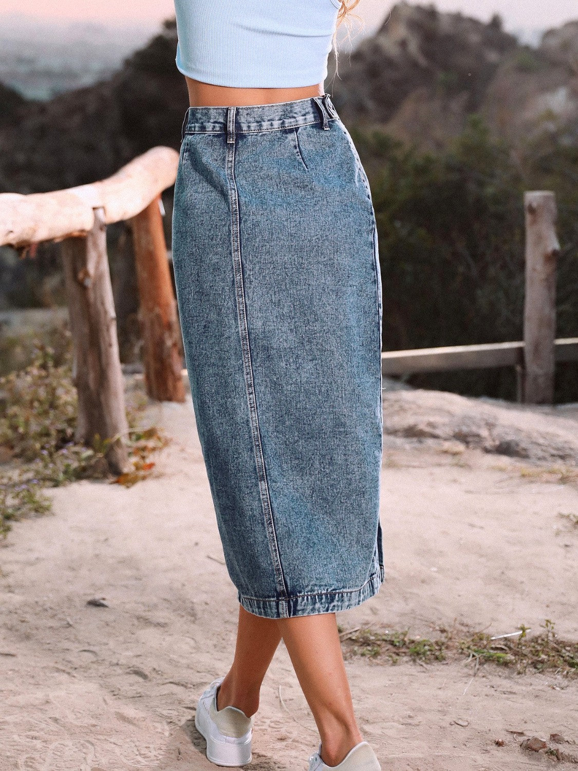 Button Down Denim Skirt Bottoms by Trendsi | Fleurcouture