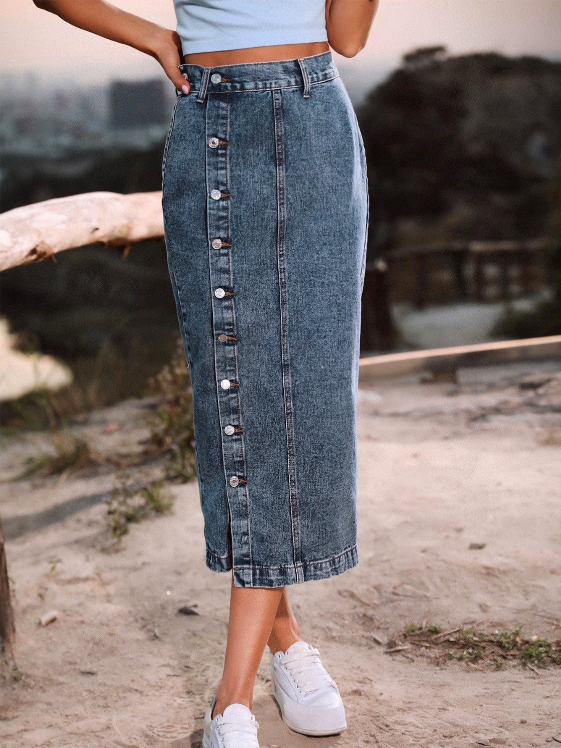 Button Down Denim Skirt Bottoms by Trendsi | Fleurcouture