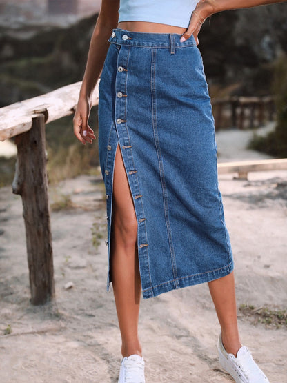 Button Down Denim Skirt French Blue XS Bottoms by Trendsi | Fleurcouture