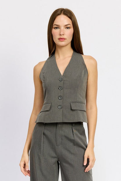 BUTTON DOWN HALTER VEST CHARCOAL by Emory Park | Fleurcouture