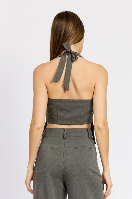 BUTTON DOWN HALTER VEST CHARCOAL by Emory Park | Fleurcouture