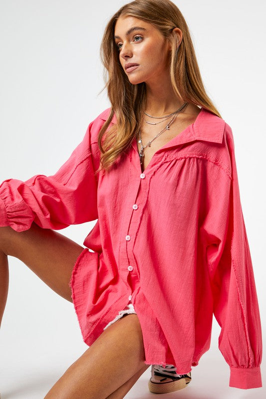 Button Down Relaxed Fit Shirt Bubble Pink M by Davi &amp; Dani | Fleurcouture