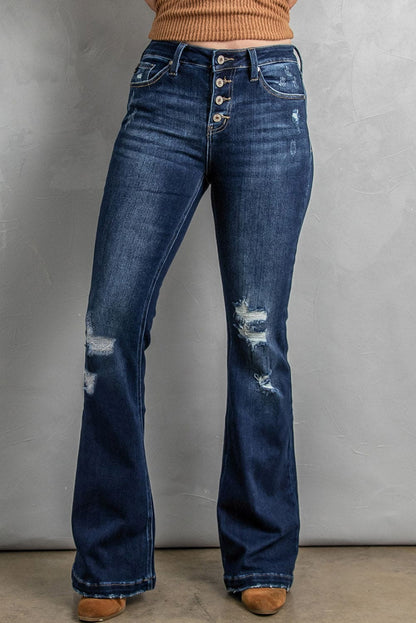 Button Fly Distressed Bootcut Jeans Dark S by Trendsi | Fleurcouture