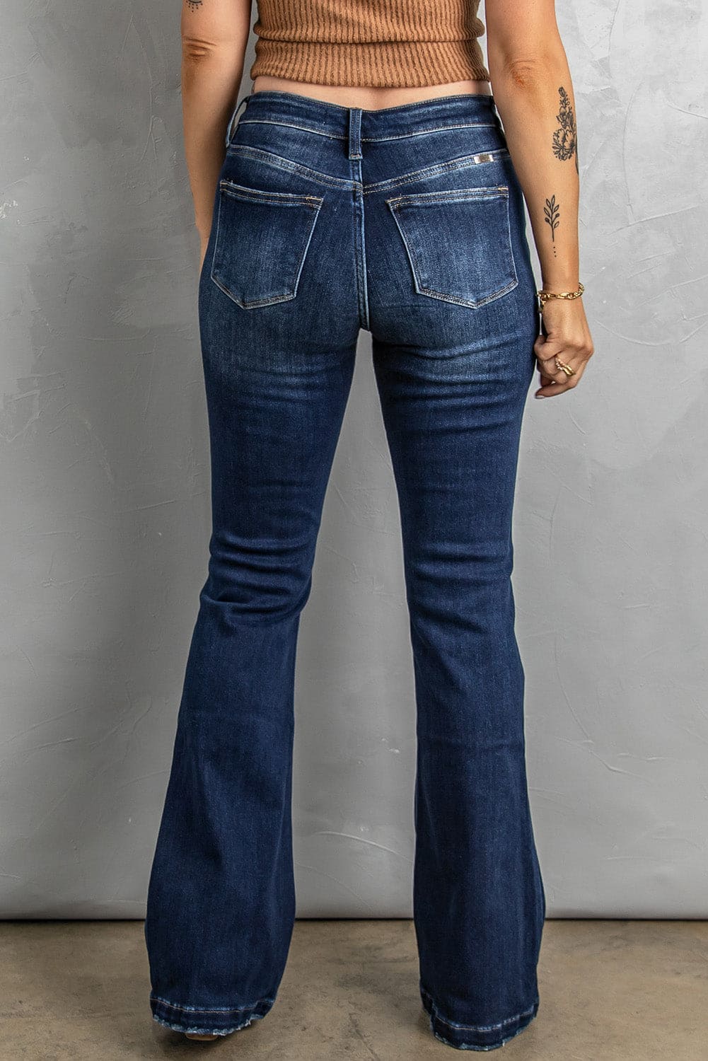 Button Fly Distressed Bootcut Jeans Dark by Trendsi | Fleurcouture