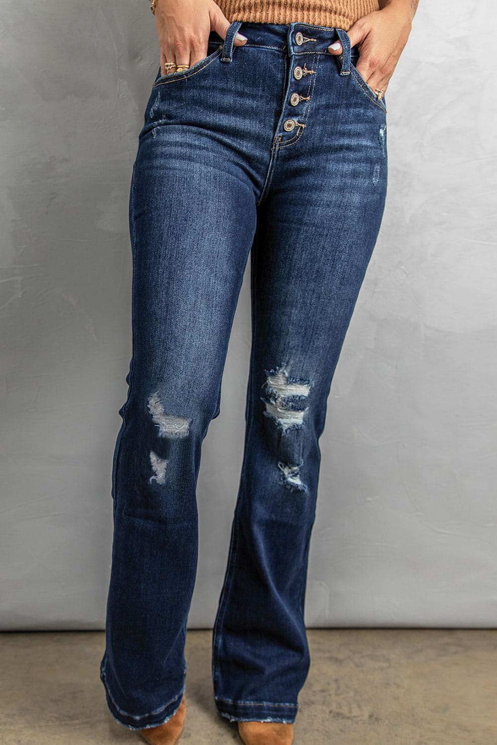 Button Fly Distressed Bootcut Jeans Dark by Trendsi | Fleurcouture