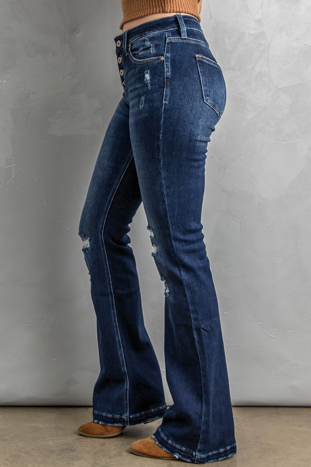 Button Fly Distressed Bootcut Jeans Dark by Trendsi | Fleurcouture